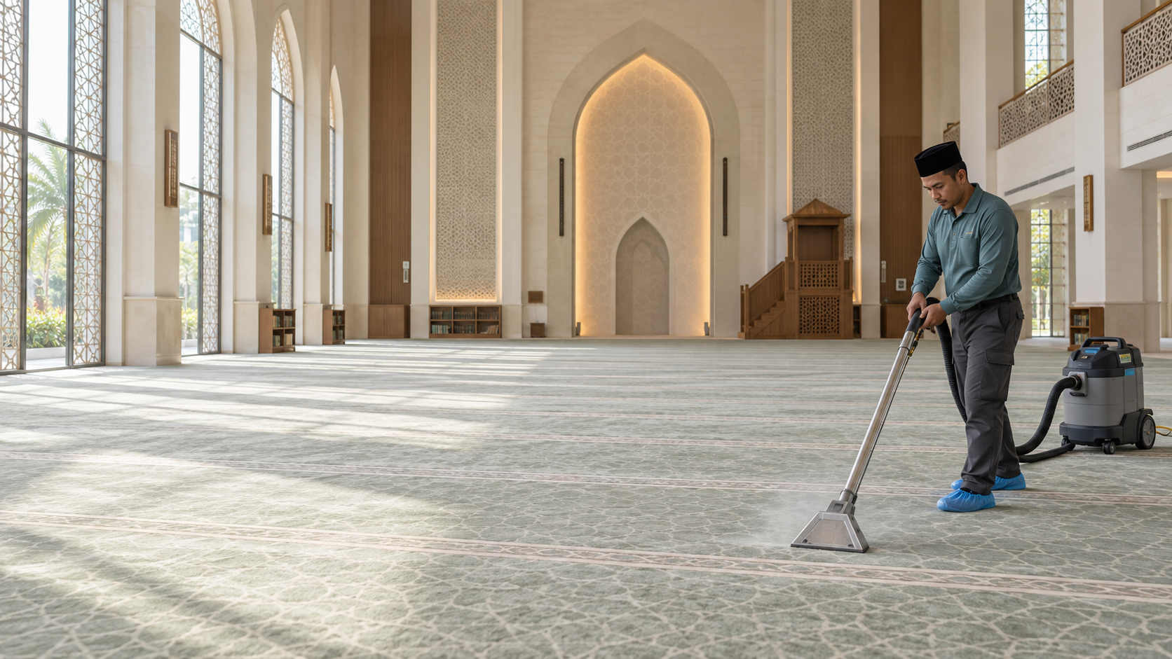 Kerja penjagaan karpet di ruang solat masjid oleh pasukan Toyyib Klean.